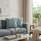 Set of Two Blue Diamond Cotton Throw Pillow With Fringe