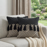 Set of Two Black and White Chevron Cotton Throw Pillow With Tassels