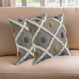 Set of Two Black and Yellow Striped Cotton Throw Pillows With Fringe