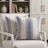 Set of Two 18" Blue and Cream Cotton Throw Pillows with Fringe