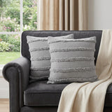 Set of Two Gray Ribbed Cotton Throw Pillow With Fringe