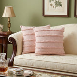 Set of Two Pink Ribbed Cotton Throw Pillows With Fringe