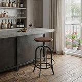 Brown And Black Solid Wood And Metal Backless Adjustable Height Swivel Bar Chair