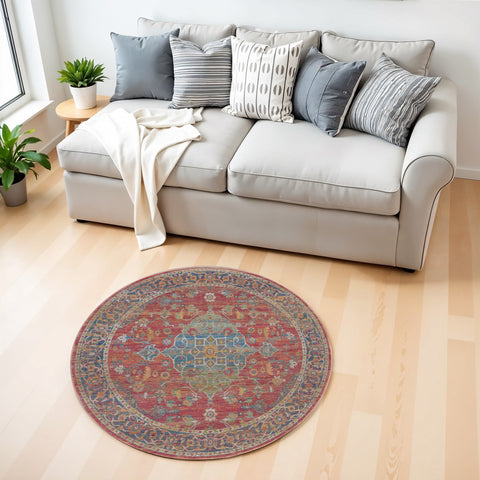 4' Blue and Red Floral Medallion Distressed Non Skid Round Rug