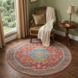 4' Blue and Red Floral Medallion Distressed Non Skid Round Rug