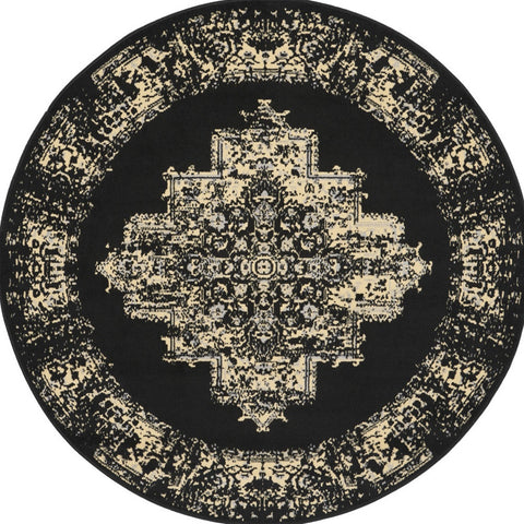 4' Black and Tan Medallion Distressed Non Skid Round Rug