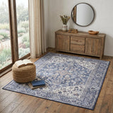 4' X 6' Blue and Ivory Floral Medallion Power Loom Distressed Area Rug