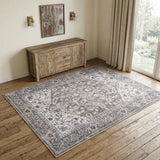 4' X 6' Green and Ivory Floral Medallion Power Loom Distressed Area Rug