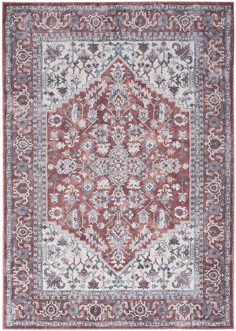 4' X 6' Red and Ivory Floral Medallion Power Loom Distressed Area Rug