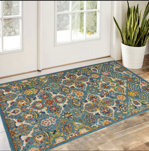 3' X 5' Blue and Ivory Floral Power Loom Area Rug