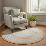 5' Beige And Ivory Floral Medallion Distressed Round Rug