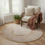 5' Beige And Ivory Floral Medallion Round Rug