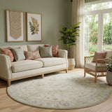8' Beige And Green Floral Medallion Round Rug