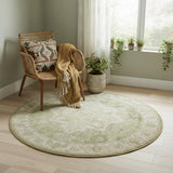 5' Beige And Green Floral Medallion Round Rug