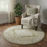 5' Beige And Green Floral Medallion Distressed Round Rug
