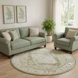 8' Beige And Green Floral Medallion Distressed Round Rug