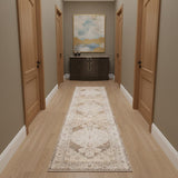 10' Beige And Brown Floral Distressed Runner Rug