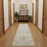 10' Blue Green And Ivory Floral Runner Rug