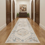 10' Ivory Blue And Brown Geometric Runner Rug