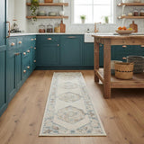 8' Ivory Blue And Brown Geometric Runner Rug
