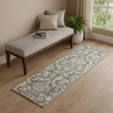 6' Gray And Ivory Damask Distressed Runner Rug