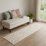 6' Pink And Ivory Damask Distressed Runner Rug