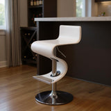 White And Silver Faux Leather And Metal Low Back Adjustable Height Bar Chair