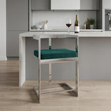 26" Green And Silver Velvet And Steel Low Back Counter Height Bar Chair