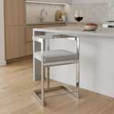 26" Gray And Silver Velvet And Steel Low Back Counter Height Bar Chair