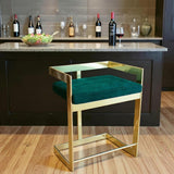 30" Green And Gold Velvet And Metal Low Back Bar Height Bar Chair