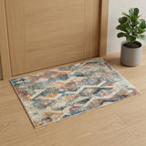 2' X 3' Beige Blue and Gray Geometric Distressed Area Rug With Fringe