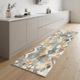 8' Beige Blue and Gray Geometric Distressed Runner Rug With Fringe