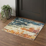 2' X 3' Beige Blue and Ivory Abstract Distressed Area Rug With Fringe