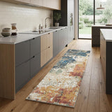 8' Beige Blue and Ivory Abstract Distressed Runner Rug With Fringe