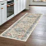 8' Beige Oriental Distressed Runner Rug With Fringe