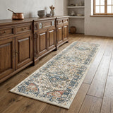 8' Beige Oriental Distressed Runner Rug With Fringe