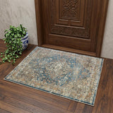 2' X 3' Blue and Brown Oriental Distressed Area Rug With Fringe