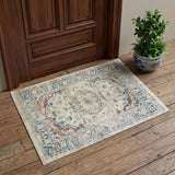 2' X 3' Ivory Blue and Gray Oriental Distressed Area Rug With Fringe