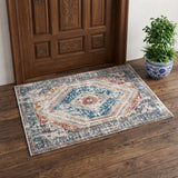 2' X 3' Teal Taupe and Rust Geometric Distressed Area Rug With Fringe