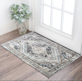 2' X 3' Gray Beige and Blue Geometric Distressed Area Rug With Fringe