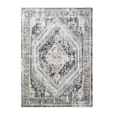 5' X 8' Gray Beige and Blue Geometric Distressed Area Rug With Fringe