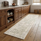 8' Ivory Oriental Distressed Runner Rug With Fringe