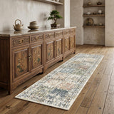 8' Ivory Blue and Gray Patchwork Distressed Runner Rug With Fringe
