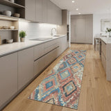 8' Blue Geometric Distressed Runner Rug With Fringe