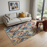 5' X 8' Blue Geometric Distressed Area Rug With Fringe