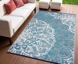 4' X 6' Teal Blue Floral Machine Braided Distressed Area Rug With UV Protection