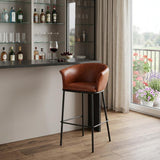 30" Brown And Black Faux Leather And Fabric And Steel Bar Height Bar Chair