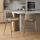 Set of Two 26" Beige And Gold Faux Leather And Fabric And Steel Low Back Counter Height Bar Chairs