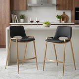 Set of Two 26" Black And Gold Faux Leather And Fabric And Steel Low Back Counter Height Bar Chairs