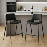 Set of Two 26" Black Faux Leather And Fabric And Steel Low Back Counter Height Bar Chairs